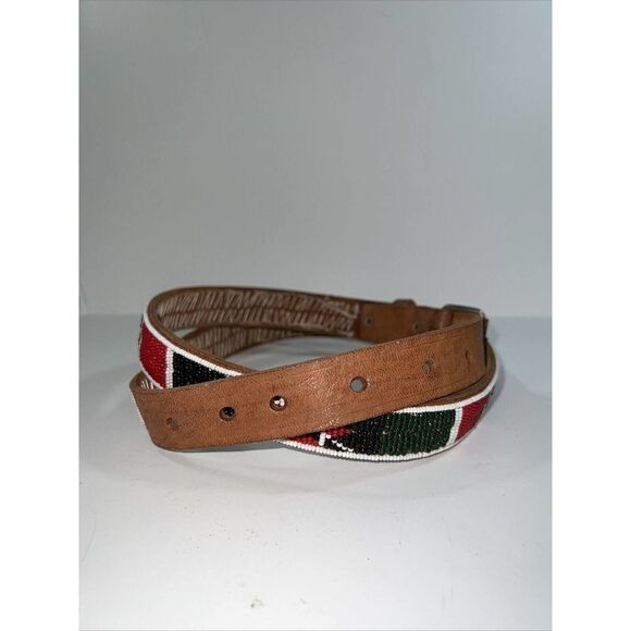 Kenya Leather Belt With Flag Colors- Hand Beaded - Vintage - Size  XL  EUC